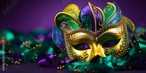 Colorful traditional mardi gras carnival mask with gold, green colors decoration for national festival celebration on purple background with copy space. © AnaWein