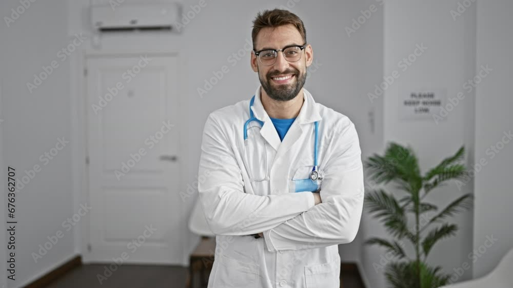 Confident young hispanic man, a smiling doctor standing with arms crossed in clinic waiting room, radiates positive charm and professional healthcare prowess Confident young hispanic man, a smiling doctor standing with arms crossed in clinic waiting room, radiates positive charm and professional healthcare prowess