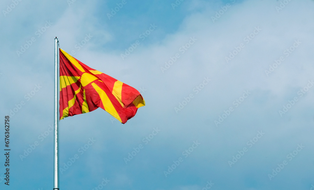 The national flag of North Macedonia waving in the wind in Skopje The national flag of North Macedonia waving in the wind in Skopje
