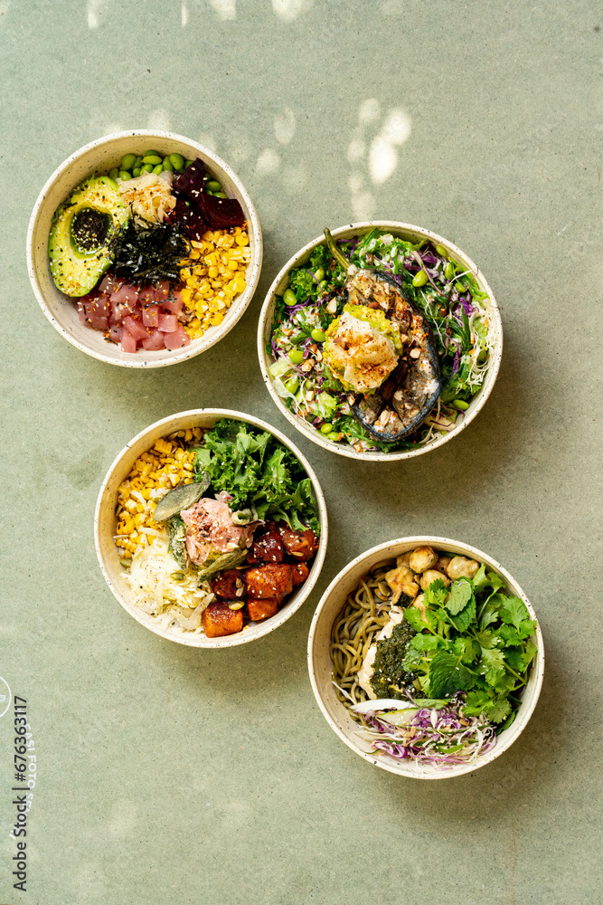 Vibrant Visual Feast of 4 Poke Bowls Vibrant Visual Feast of 4 Poke Bowls