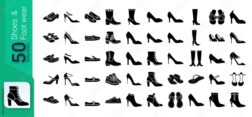 Shoes and Footwear Icon Set, Set of footwear and Shoes, Glyph Icons Set, Shoes Icons Collection