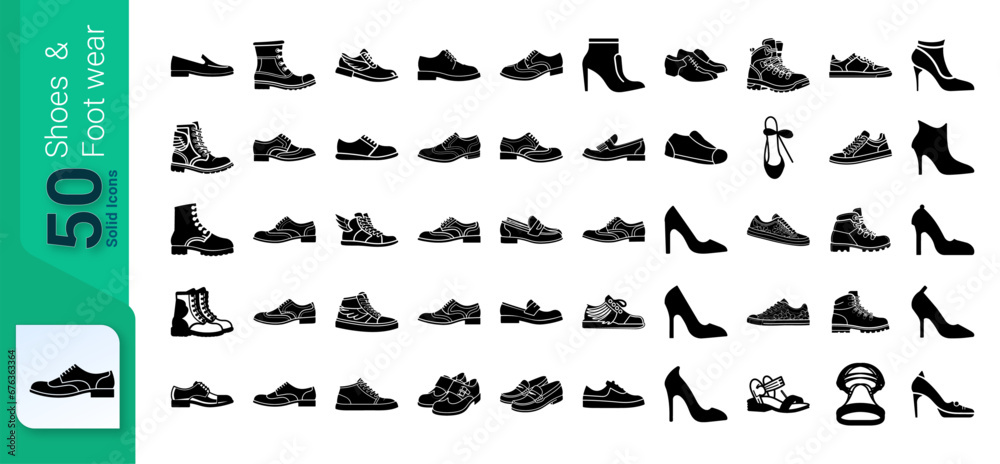 Shoes and Footwear Icon Set, Set of footwear and Shoes, Glyph Icons Set, Shoes Icons Collection