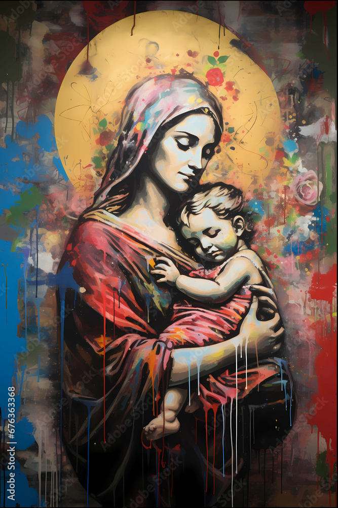 Mother Mary holding baby Jesus graffiti spray paint yellow halo red robe Mother Mary holding baby Jesus graffiti spray paint yellow halo red robe