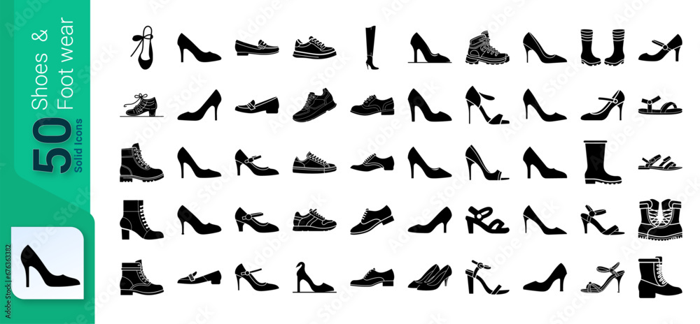 Shoes and Footwear Icon Set, Set of footwear and Shoes, Glyph Icons Set, Shoes Icons Collection - obrazy, fototapety, plakaty 