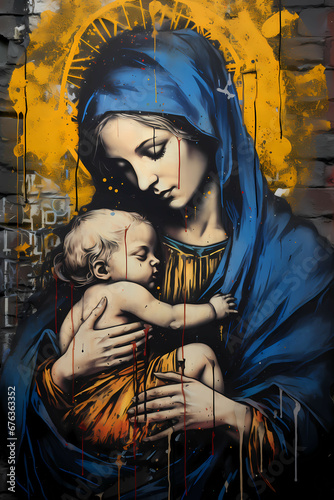 Mother Mary holding baby Jesus in a blue robe and golden halo graffiti