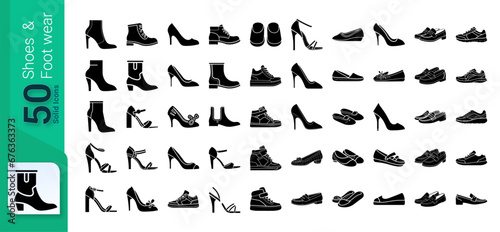 Shoes and Footwear Icon Set, Set of footwear and Shoes, Glyph Icons Set, Shoes Icons Collection