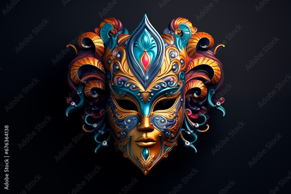 Venetian carnival mask in vibrant colors over dark background and splash of golden specks. Festive carnival banner with copy space.