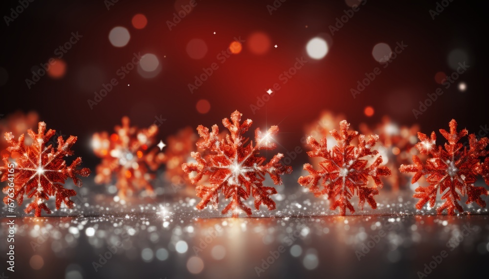 Fototapeta premium Glittering red christmas background with snowflakes and lights merry christmas banner