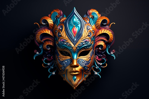 Venetian carnival mask in vibrant colors over dark background and splash of golden specks. Festive carnival banner with copy space. © Elena Uve
