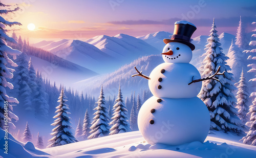 Fantastic winter landscape with a snowman. AI © IM_VISUAL_ARTIST