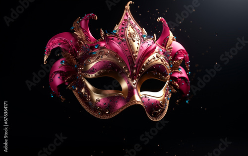 Venetian carnival mask in vibrant colors over dark background and splash of golden specks. Festive carnival banner with copy space. © Elena Uve