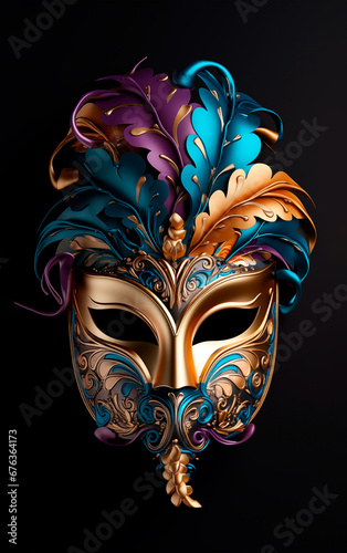 Venetian carnival mask in vibrant colors over dark background and splash of golden specks. Festive carnival banner with copy space.