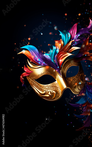 Venetian carnival mask in vibrant colors over dark background and splash of golden specks. Festive carnival banner with copy space.