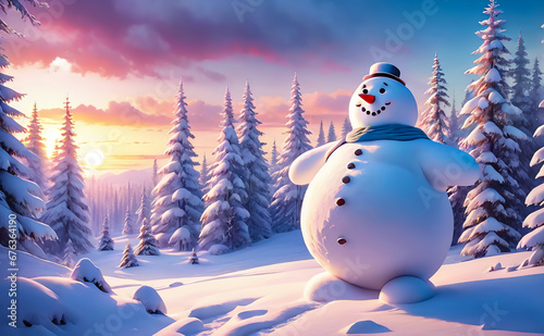 Fantastic winter landscape with a snowman. AI © IM_VISUAL_ARTIST