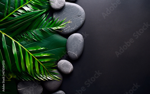 Still life photo of stones, green and palm leaves and candles over black background. Spa and relax concept with copy space.  photo