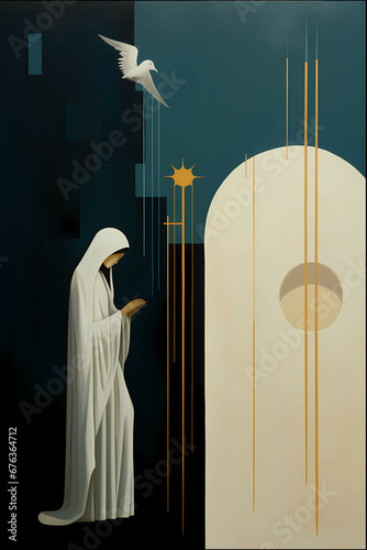 Annunciation of Mary minimalism praying dove white robe black and blue photo