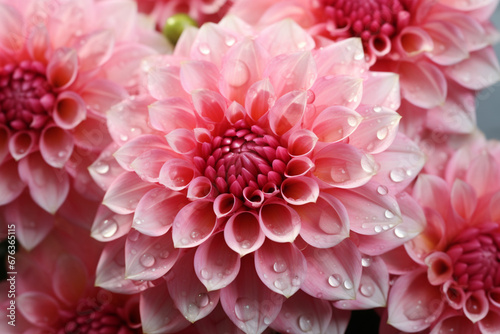 Beautiful pink dahlia flowers with water drops on dark background