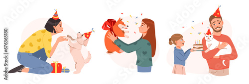 Pet Birthday Party. Happy pet owners in festive caps and gifts celebrate the birthday of their pet. Flat vector illustration
