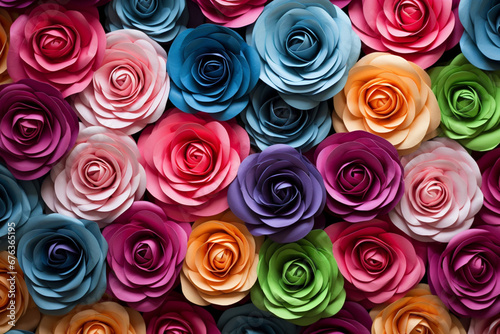 Colorful paper flowers on wooden background. Top view with copy space