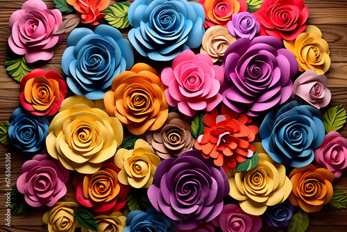 Colorful paper flowers on wooden background. Top view with copy space