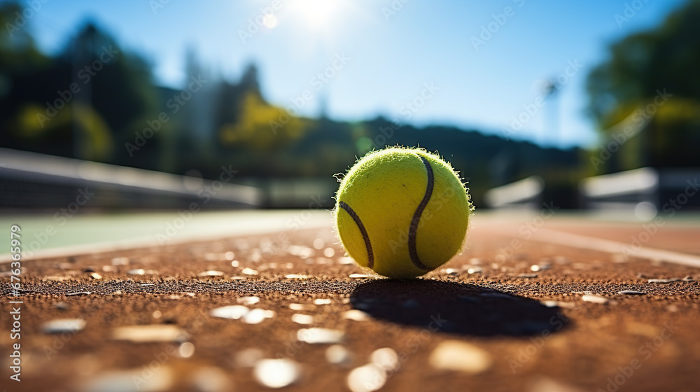 Tennis ball on a hard court under sunlight