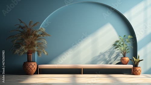 green podium with beige elements in Arabic minimalist style. Podium in the style of Ramadan, Eid Mubarak. AI generated
