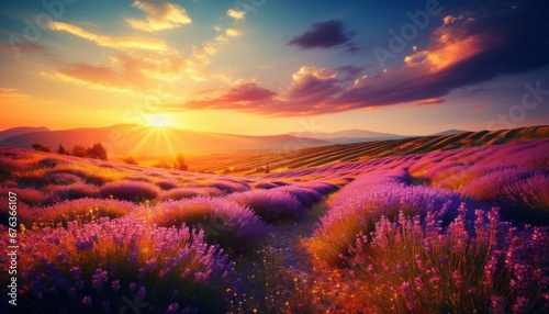Stunning panoramic view of a picturesque lavender field at sunset with vibrant colors