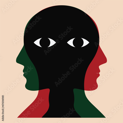 Metaphor bipolar disorder, Parkinson, Double face, Split personality Mental health concept vector.