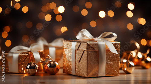 Beautiful, detailed, close-up photo of wrapped-up presents, golden and silver colors, with blurred lights in the back, and with copy-space.