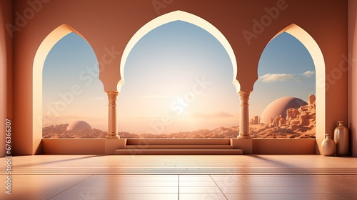 background for the Islamic holiday of Ramadan in a minimalist style, with a podium, with sunlight, in light beige delicate shades and elements of nature. ai generated