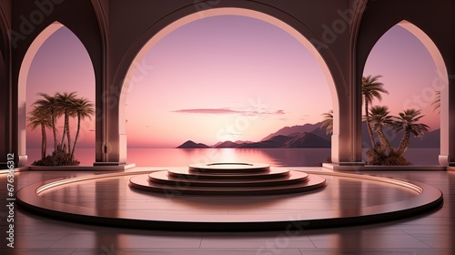 background for the Islamic holiday of Ramadan in a minimalist style  with a podium  with sunlight  in light beige delicate shades and elements of nature. ai generated