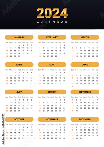 2024 gold calendar. Twelve months on one page. The week begins with Sunday. Vector template