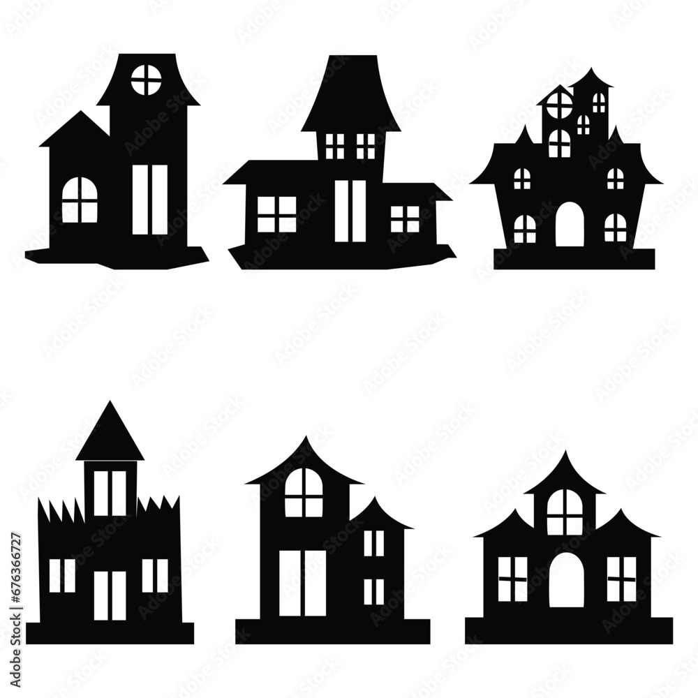 Creepy haunted house for Halloween. Scarey house silhouette. Halloween home castle icons