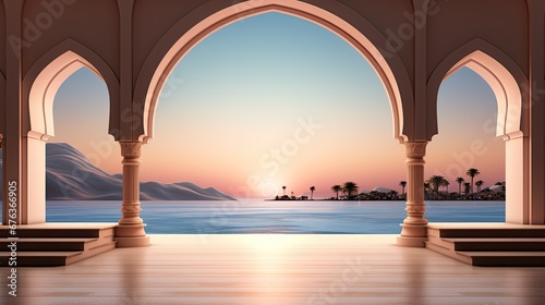 background for the Islamic holiday of Ramadan in a minimalist style, with a podium, with sunlight, in light beige delicate shades and elements of nature. ai generated © Kristina Jalabi