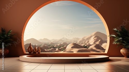 background for the Islamic holiday of Ramadan in a minimalist style  with a podium  with sunlight  in light beige delicate shades and elements of nature. ai generated