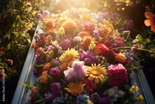 Colorful flowers on the grave in the cemetery  funeral concept.