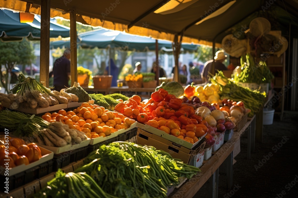 Farmers market with colourful fruits and vegetables.
