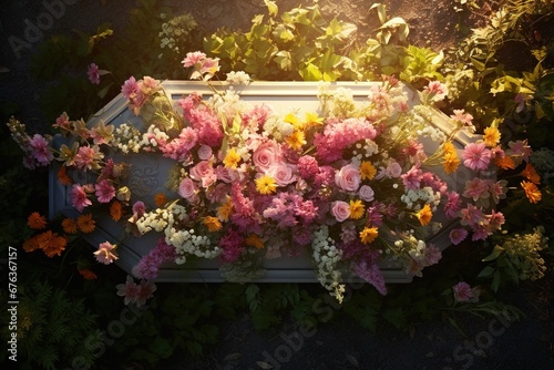 Colorful flowers on the grave in the cemetery, funeral concept.