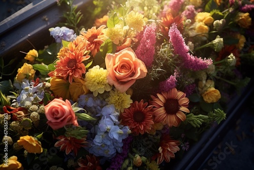 Colorful flowers on the grave in the cemetery, funeral concept.