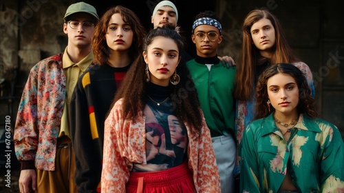 A group of young people dressed in 90's style, dark background