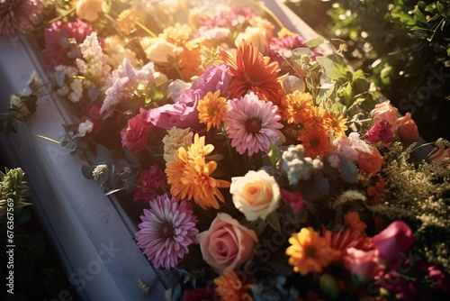 Colorful flowers on the grave in the cemetery, funeral concept.