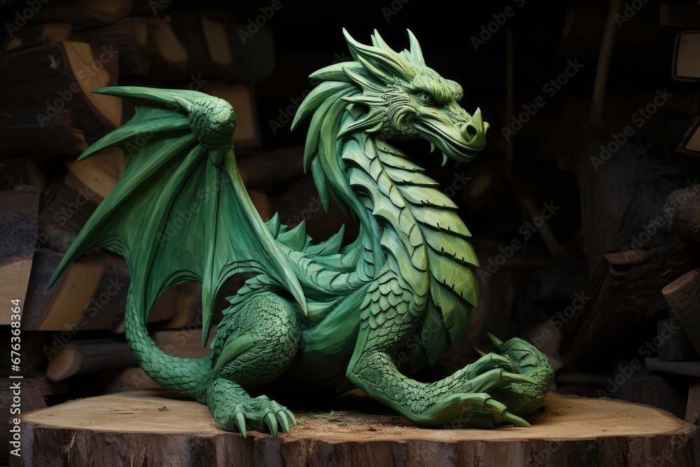 Portrait of wooden green magical fantasy dragon on the dark black background