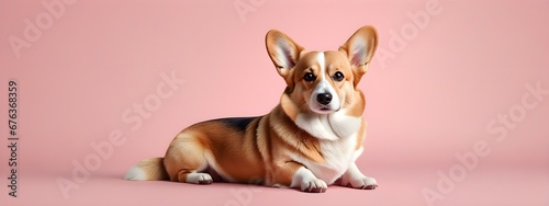 Studio portraits of a funny Welsh Corgi dog on a plain and colored background. Creative animal concept, dog on a uniform background for design and advertising. © 360VP