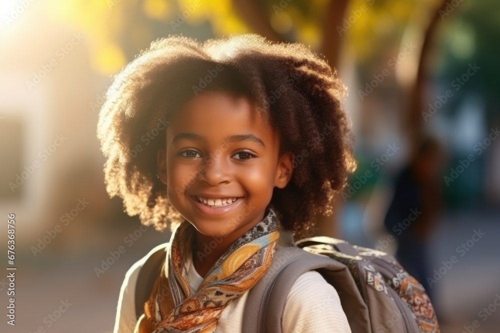 Portrait of a cheerful African American schoolgirl with pronounced curly hair against a sunny street backdrop. Portrait of a cheerful African American schoolgirl with pronounced curly hair against a sunny street backdrop.