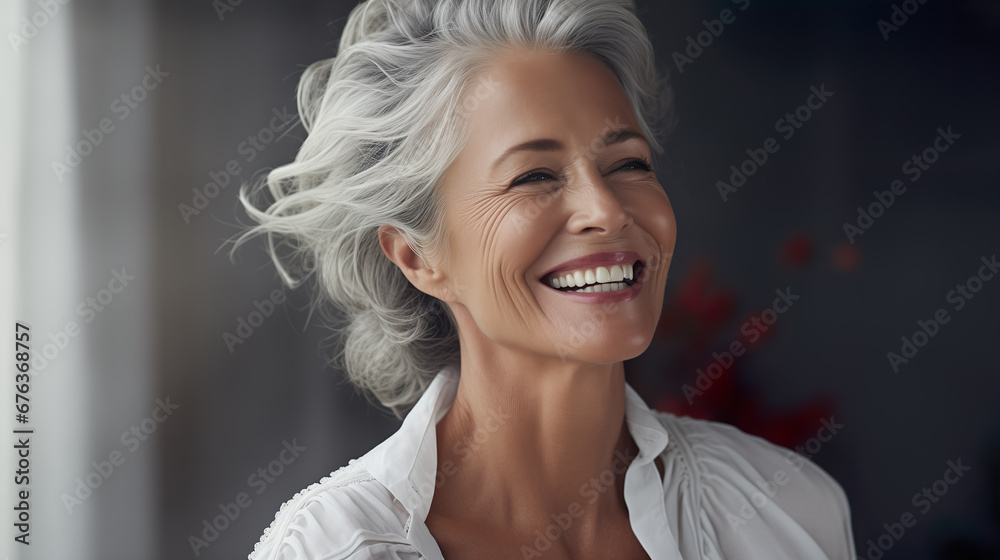 Confident elderly senior model with grey hair, smiling happy female lady in close-up portrait | Generative AI Confident elderly senior model with grey hair, smiling happy female lady in close-up portrait | Generative AI