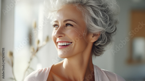 Confident elderly senior model with grey hair, smiling happy female lady in close-up portrait   Generative AI © DigitalDreamscape