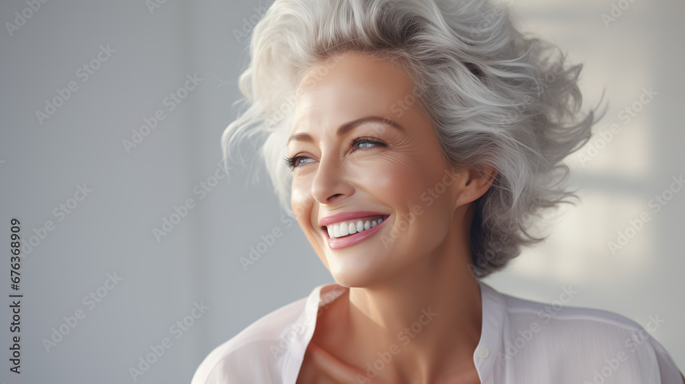 Confident elderly senior model with grey hair, smiling happy female lady in close-up portrait | Generative AI