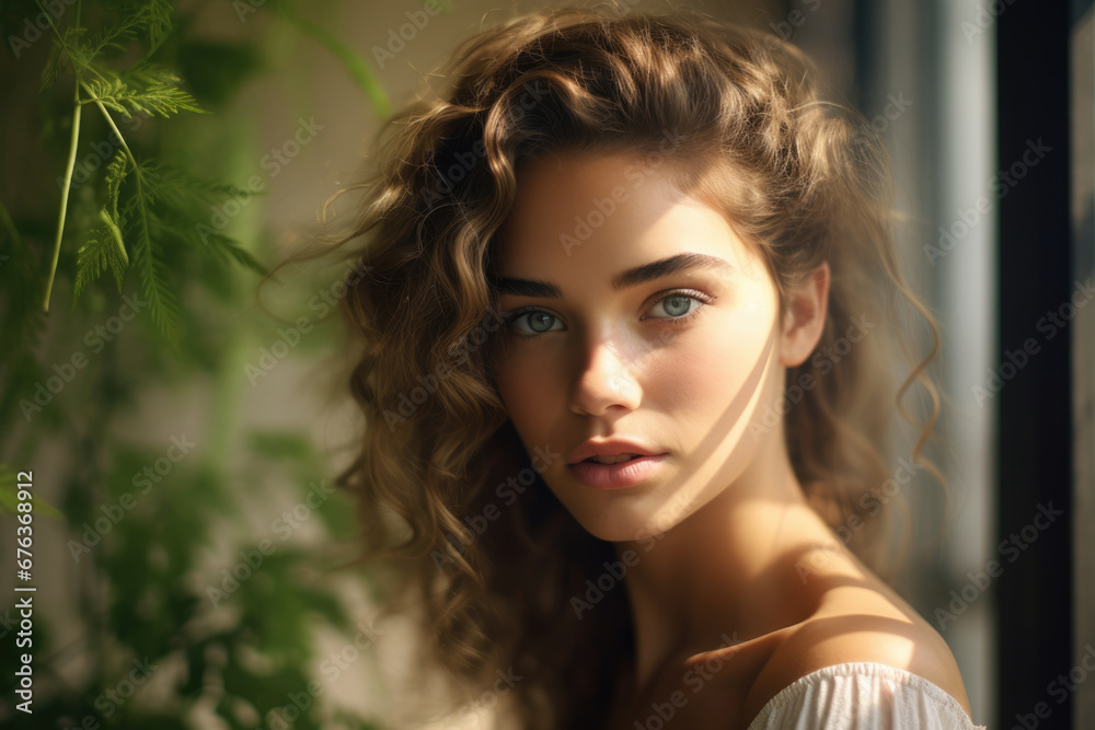 Concept of natural beauty. Portrait of a curly blue-eyed brown-haired girl on the background of leaves illuminated by sunlight.