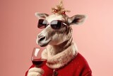 Portrait of a funny Christmas reindeer wearing sunglasses with a glass of wine on a pink background.