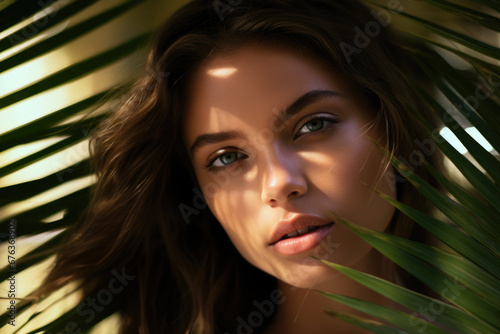 Close-up portrait of a sexy brunette against a background of tropical leaves.